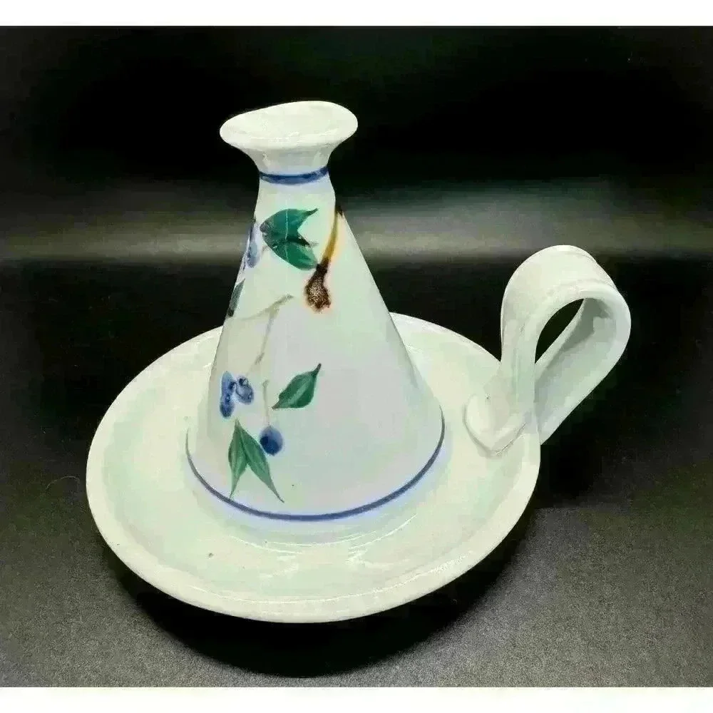 Signed Georgetown Pottery Maine ‘94 Candlestick Blueberries Green Leaf Handle